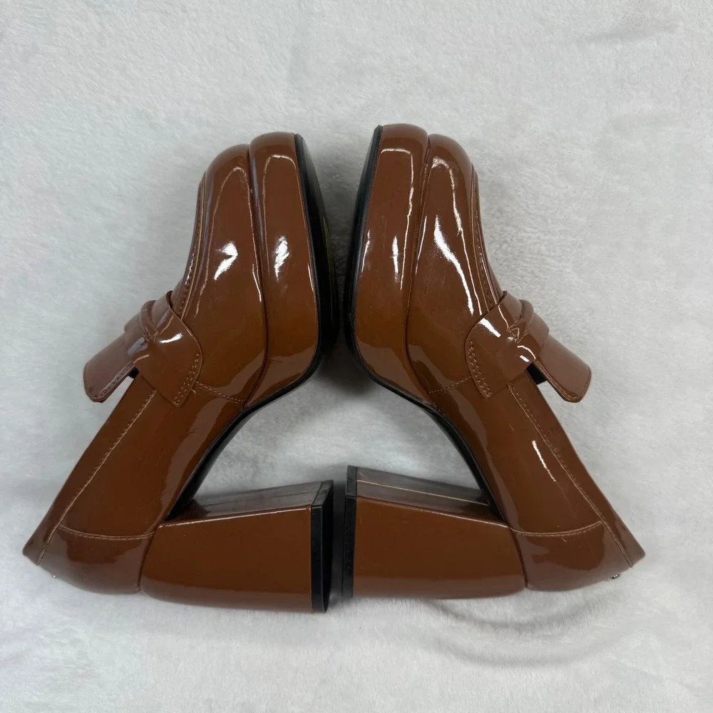 Nine West Brown Patent‎ Leather Chunky Platform Penny Loafer Heels Square Toe 6